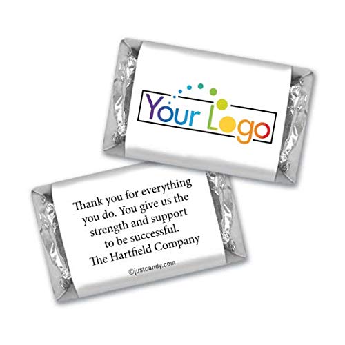 500 Promotional Items Branded Logo Candy Personalized Miniatures, Custom Printed Wrappers and Mini Chocolate Bars (500 Count) - Image: 0.9h x 1.46w in or 64h x 105w px