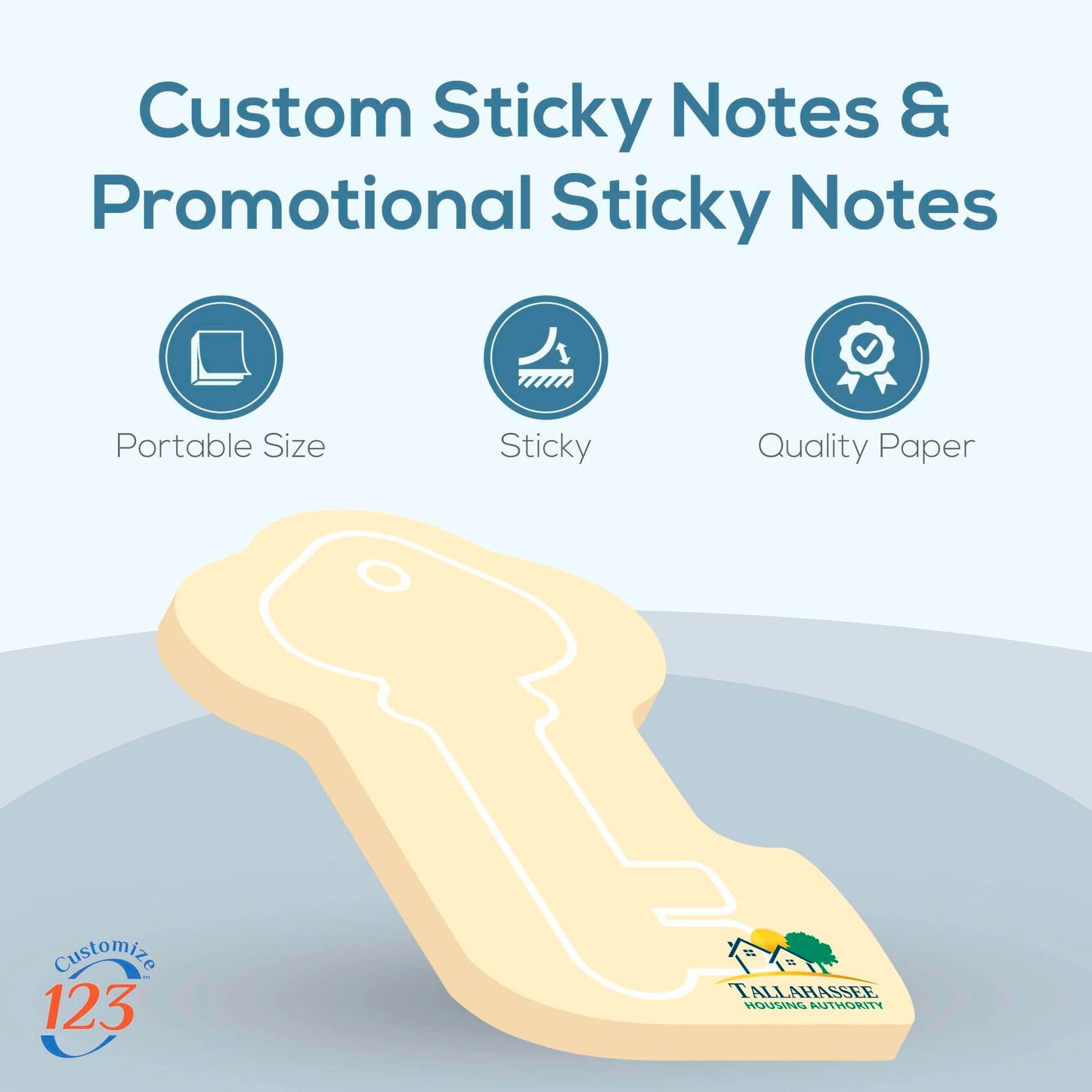 Key Shaped Sticky Notes with Text and Logo, Customized Note Pads, to Do List Memo Pads, Adhesive Notepad, 25 Sheets per pad, for Office, School, Business Marketing or Party Supplies 1,000 Qty