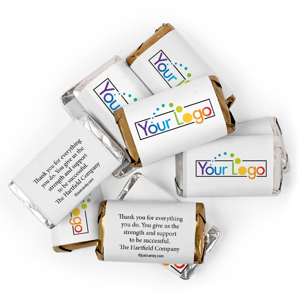 500 Promotional Items Branded Logo Candy Personalized Miniatures, Custom Printed Wrappers and Mini Chocolate Bars (500 Count) - Image: 0.9h x 1.46w in or 64h x 105w px