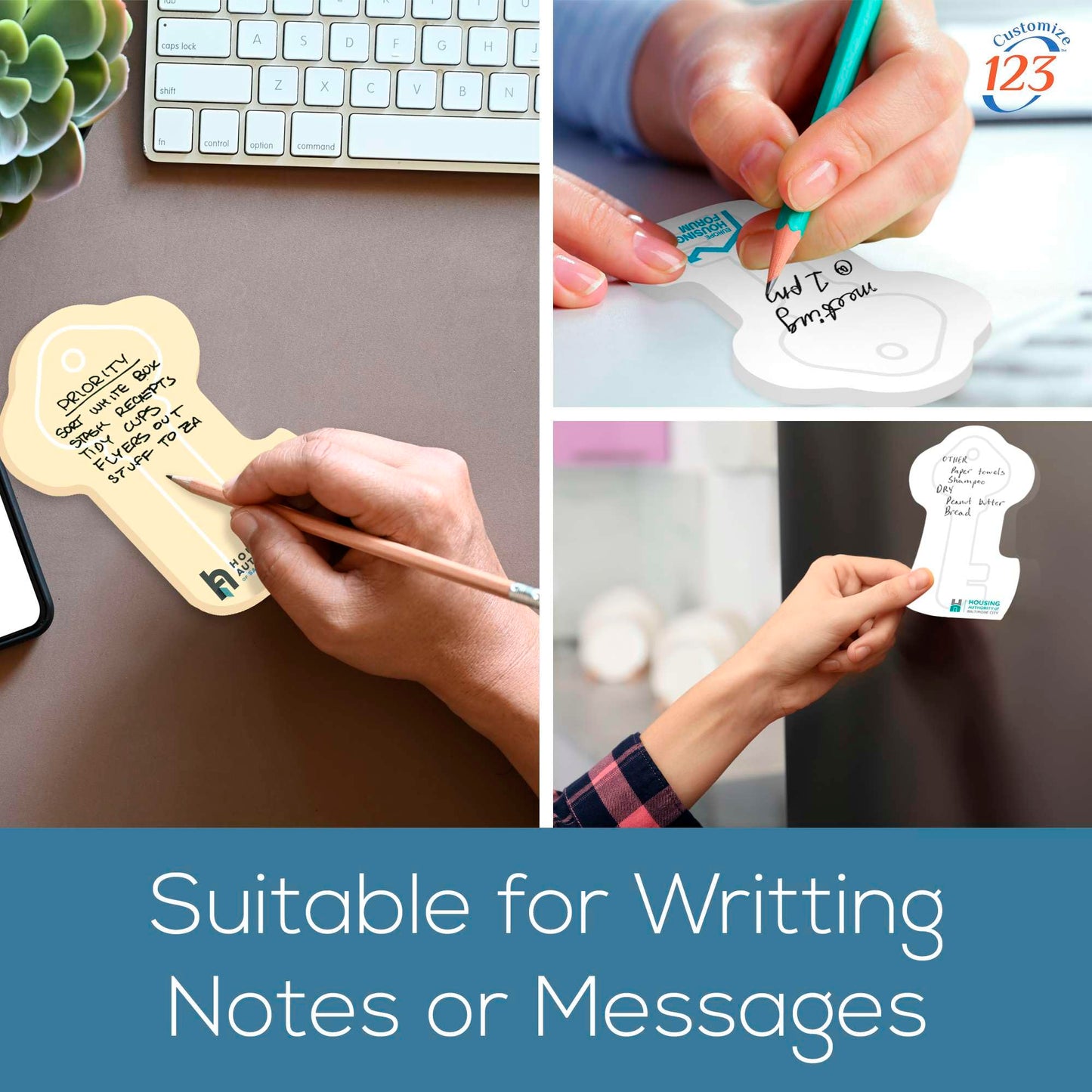 Key Shaped Sticky Notes with Text and Logo, Customized Note Pads, to Do List Memo Pads, Adhesive Notepad, 25 Sheets per pad, for Office, School, Business Marketing or Party Supplies 1,000 Qty