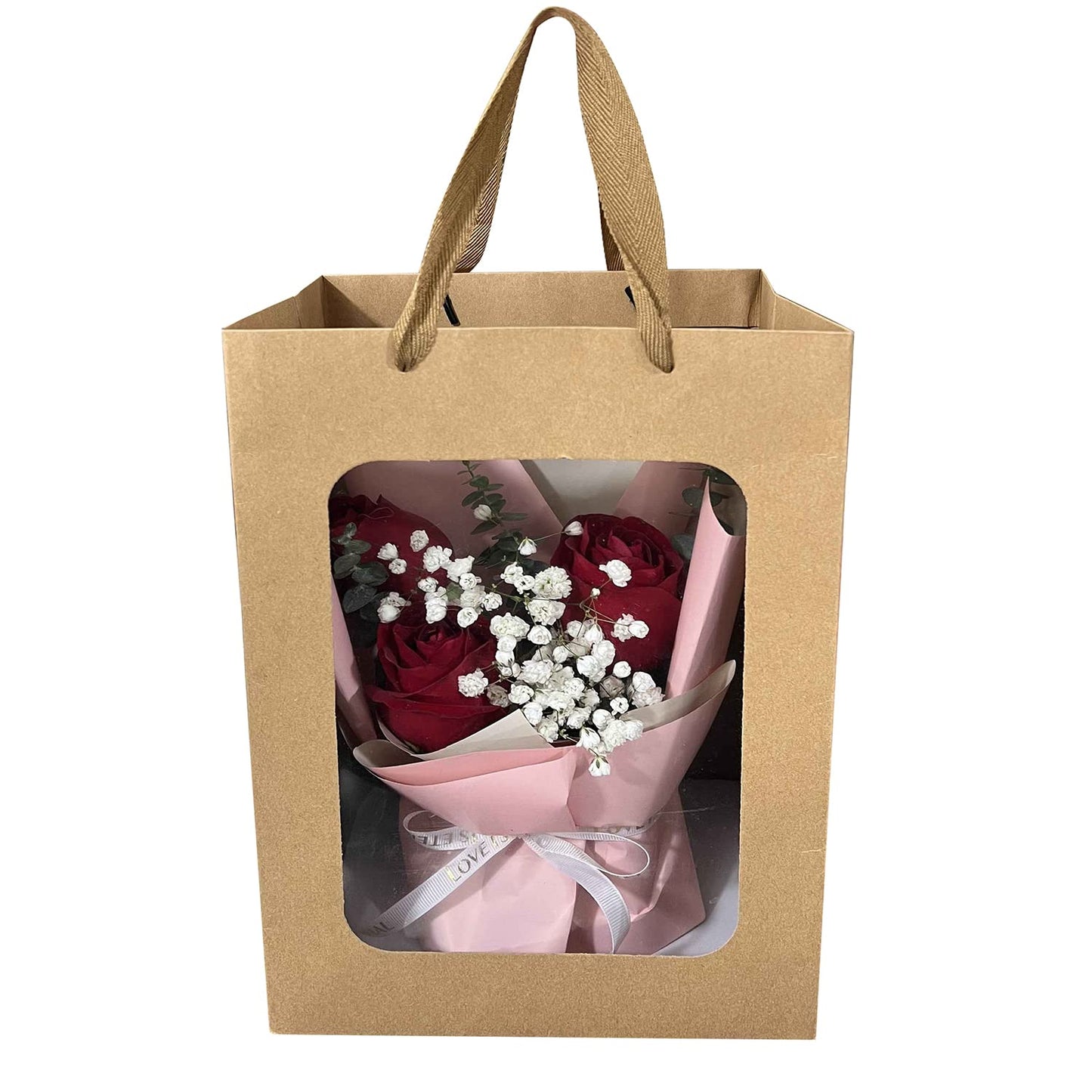 12 Pcs Brown Paper Gift Bags with Transparent Window, 9.84"x7.0"x5.12" Kraft Shopping Bags with Handles for Bouquet Christmas Birthdays Festivals Party Weddings Wrapping