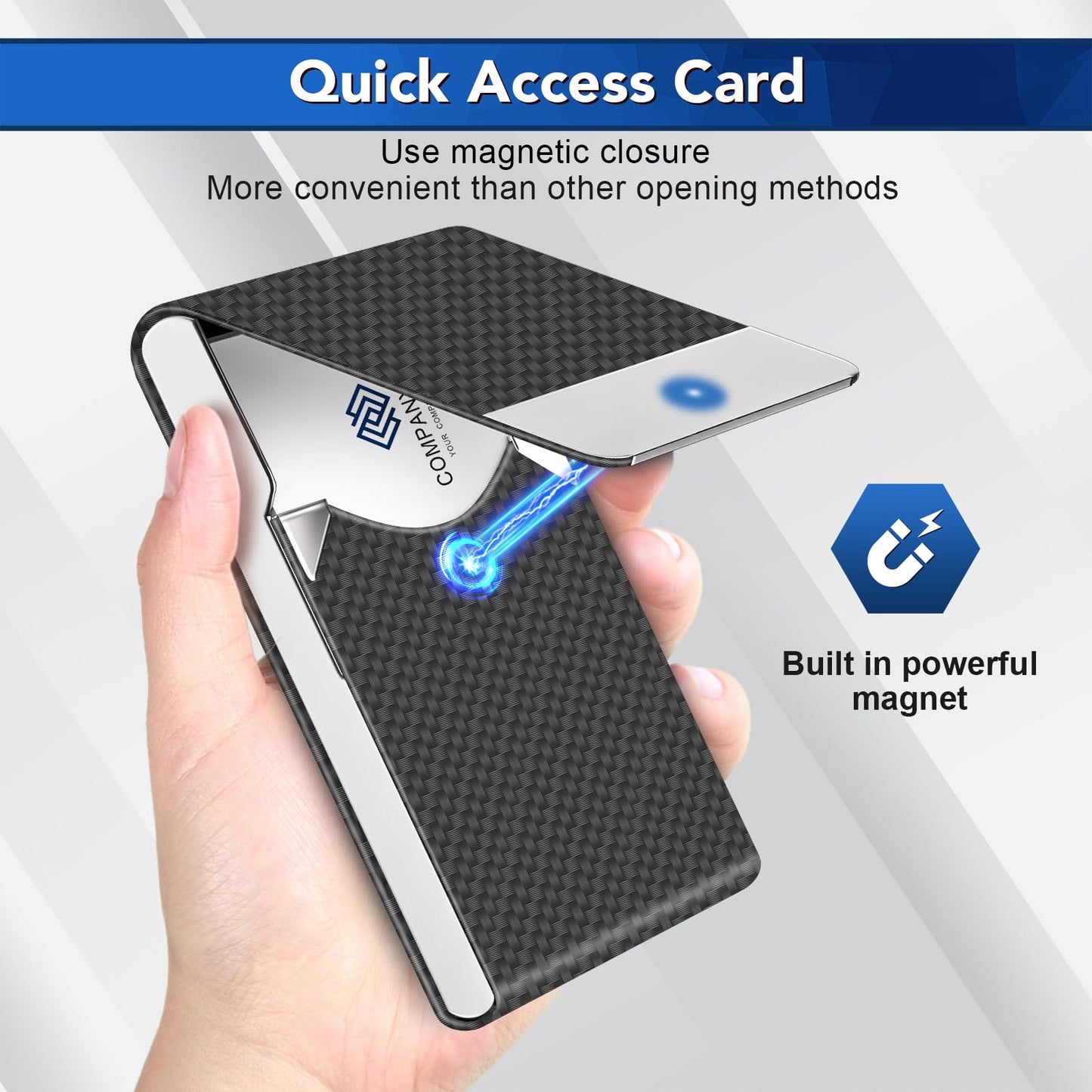 DMFLY Business Card Holder, Metal Slim Business Card Case, Pocket Card Holder for Women or Men, PU Leather Business Card Holder Case RFID Blocking Name Card Holder with Magnetic Closure, Black Carbon