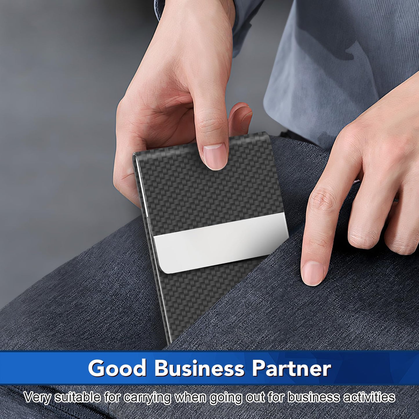 DMFLY Business Card Holder, Metal Slim Business Card Case, Pocket Card Holder for Women or Men, PU Leather Business Card Holder Case RFID Blocking Name Card Holder with Magnetic Closure, Black Carbon