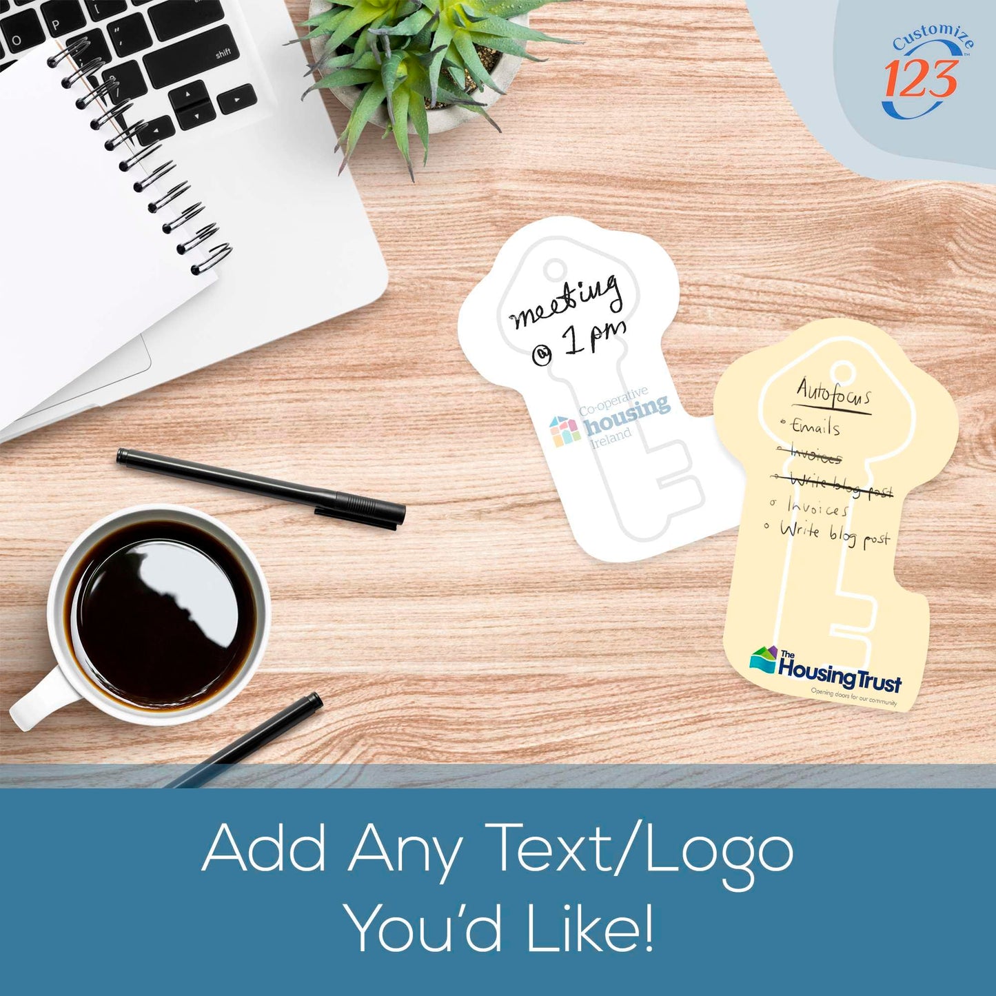Key Shaped Sticky Notes with Text and Logo, Customized Note Pads, to Do List Memo Pads, Adhesive Notepad, 25 Sheets per pad, for Office, School, Business Marketing or Party Supplies 1,000 Qty
