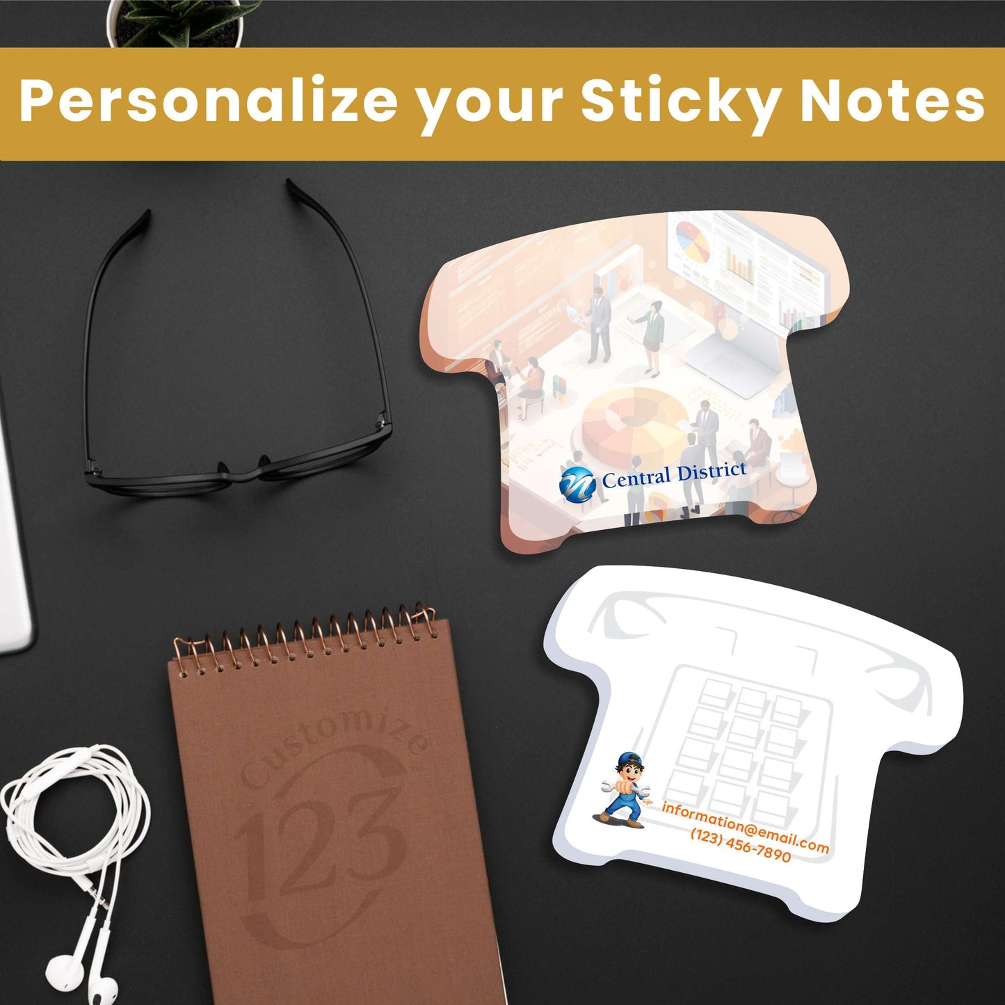Telephone Shaped Sticky Notes with Text and Logo, Customized Note Pads, to Do List Memo Pads, Adhesive Notepad, 25 Sheets per pad, for Office, School, Business Marketing or Party Supplies 1,000 Qty.