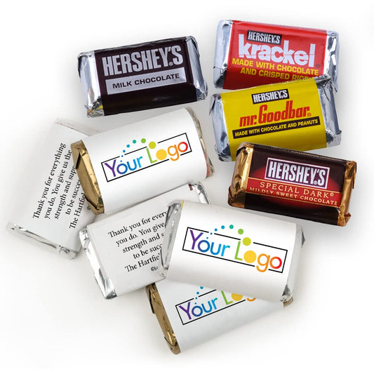 500 Promotional Items Branded Logo Candy Personalized Miniatures, Custom Printed Wrappers and Mini Chocolate Bars (500 Count) - Image: 0.9h x 1.46w in or 64h x 105w px