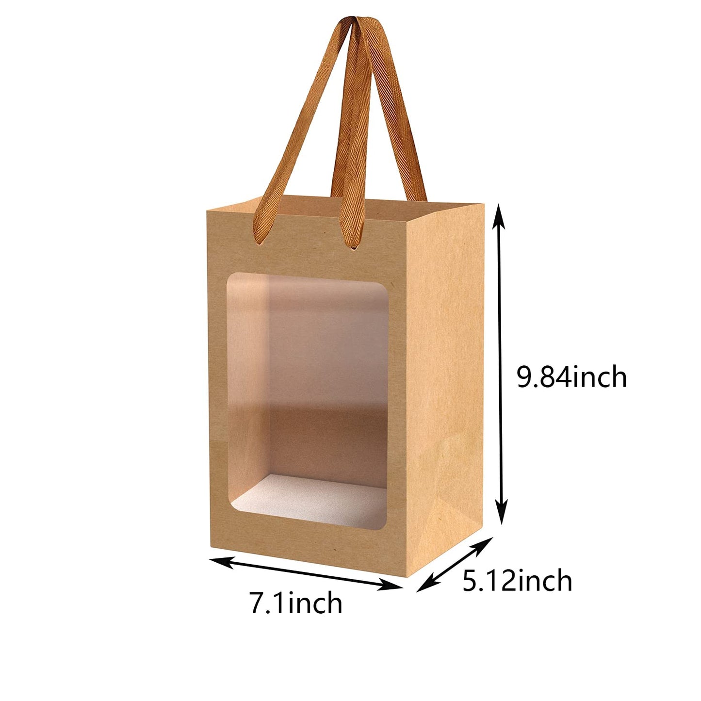 12 Pcs Brown Paper Gift Bags with Transparent Window, 9.84"x7.0"x5.12" Kraft Shopping Bags with Handles for Bouquet Christmas Birthdays Festivals Party Weddings Wrapping