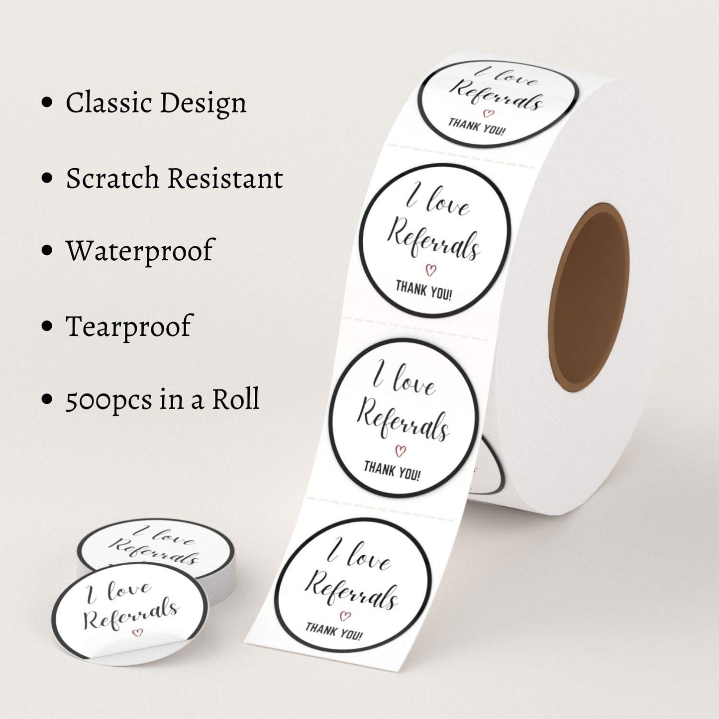 Mobiusea Creation I Love Referrals Stickers Roll | Thank You | 1.5 inch | Waterproof | 500 Labels for Real Estate Agent Supplies, Realtor Supplies, Salon, Small Business Mailer Seal Stickers
