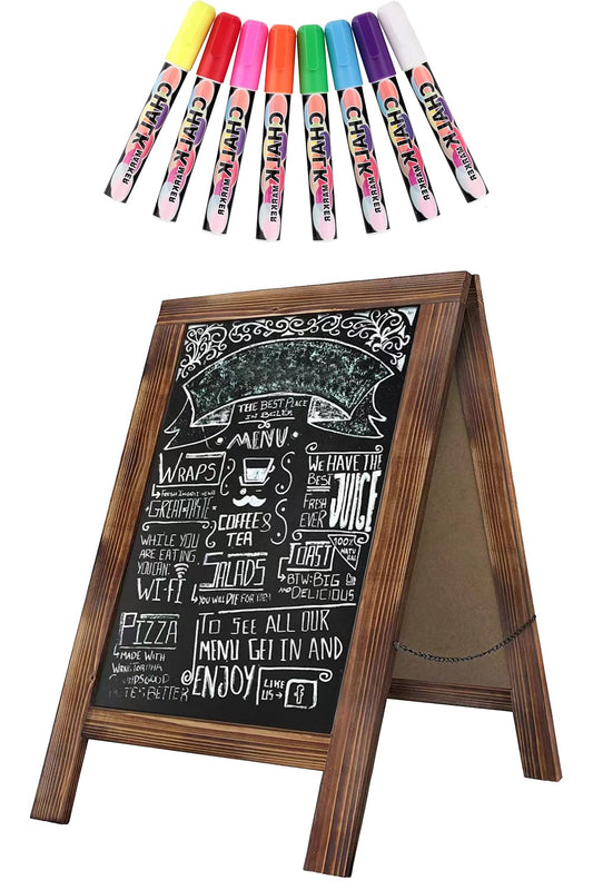 Rustic Whitewash Double Sided Chalkboard, 10"*14" Tabletop Stand, Small Countertop Chalkboard Easel with 8Pcs Liquid Chalk for Menu, Kitchen, Restaurants, Bar, Wedding and Home Decor