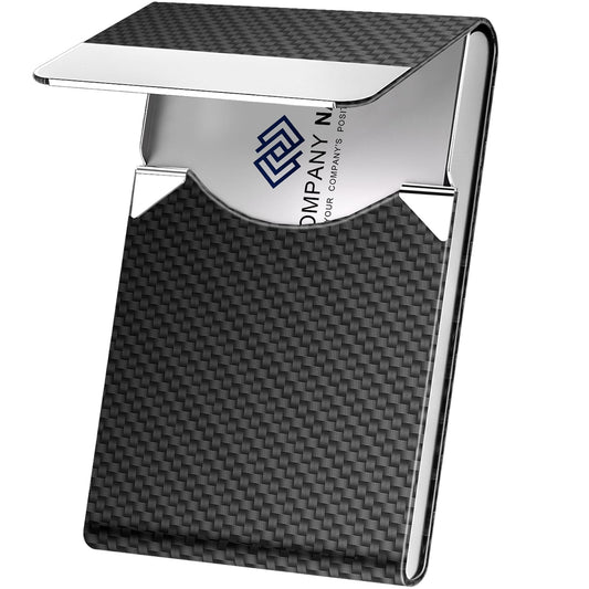 DMFLY Business Card Holder, Metal Slim Business Card Case, Pocket Card Holder for Women or Men, PU Leather Business Card Holder Case RFID Blocking Name Card Holder with Magnetic Closure, Black Carbon
