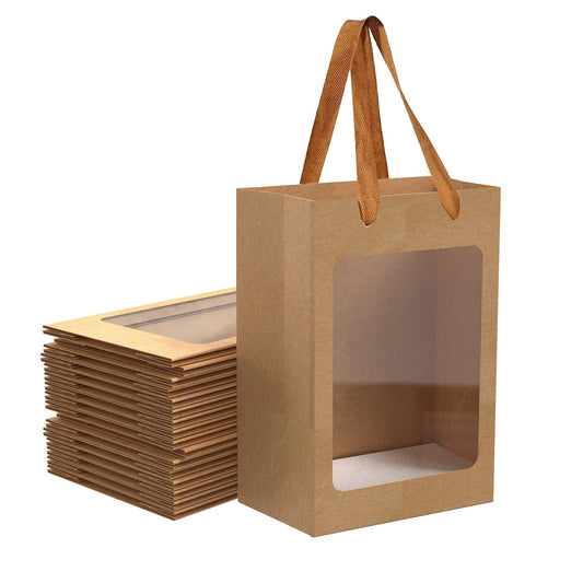 12 Pcs Brown Paper Gift Bags with Transparent Window, 9.84"x7.0"x5.12" Kraft Shopping Bags with Handles for Bouquet Christmas Birthdays Festivals Party Weddings Wrapping